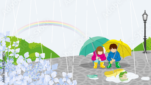 Children in Rainy day scenery