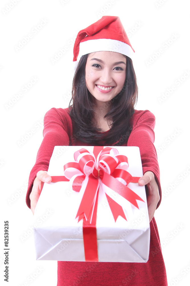 Christmas Asian Santa girl hold gift and smile Christmas Asian Santa girl hold gift and smile