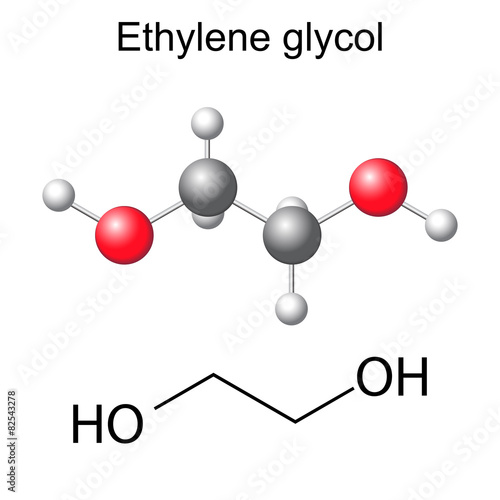 Structural chemical formula and model of ethylene glycol molecul