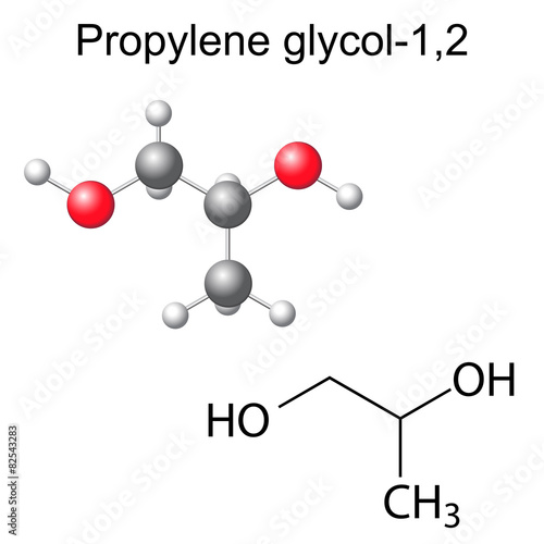 Structural chemical formula and model of propylene glycol -1,2