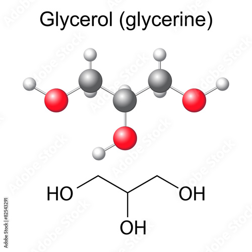 Structural chemical formula and model of glycerol molecule
