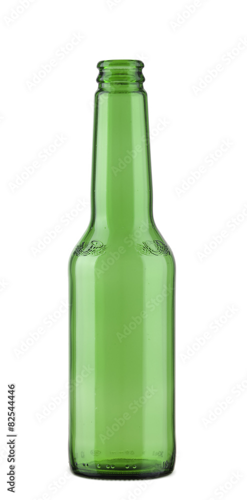 An empty green beer bottle isolated on white