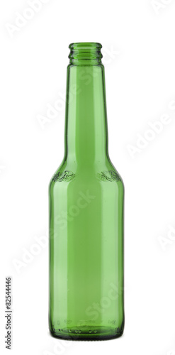 An empty green beer bottle isolated on white