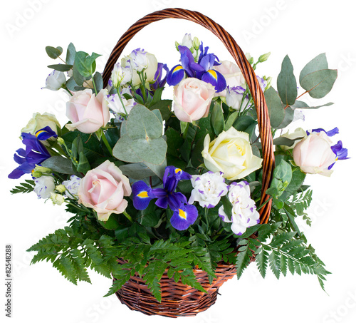 Fototapeta Naklejka Na Ścianę i Meble -  Basket of flowers roses and irises