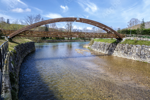 Wooden bridge in Cangas de Onis, on river Guena. Asturias © KarSol