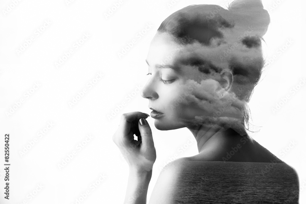Fototapeta premium Double exposure of beautiful girl and nature landscape