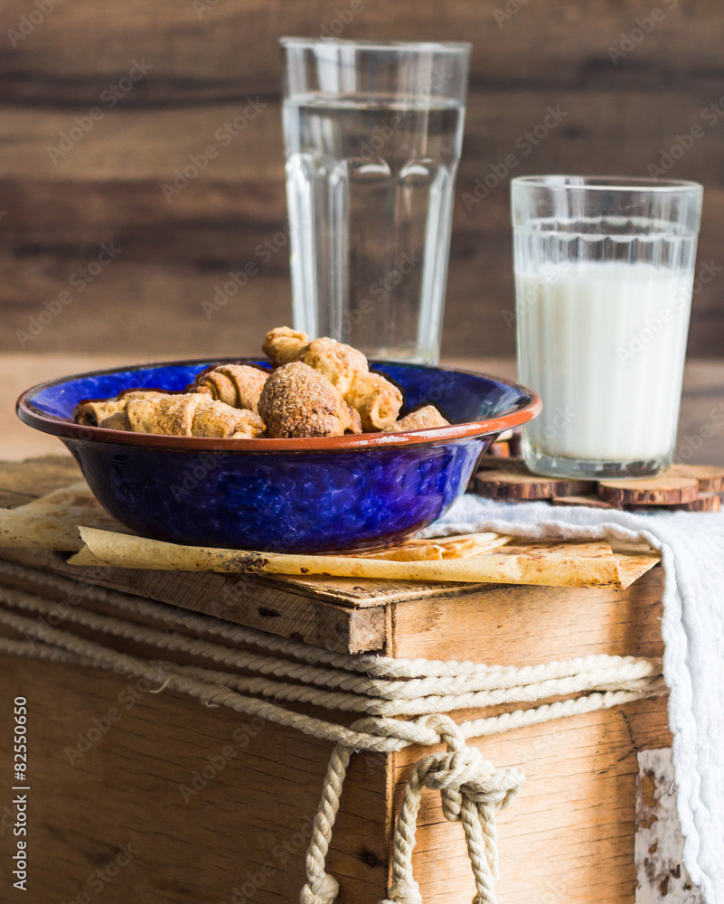 bagels biscuits from a short pastry with filling, milk, in the b bagels biscuits from a short pastry with filling, milk, in the b