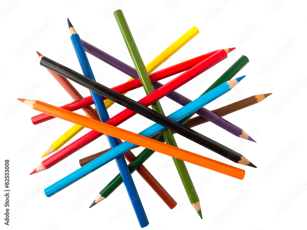 Colorful pencils in random positions isolated on white