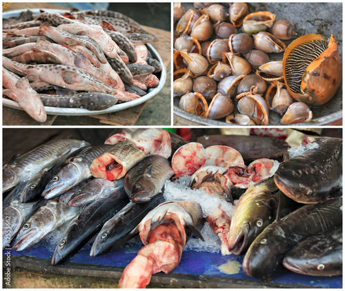 Traditional asian fish market collage photo