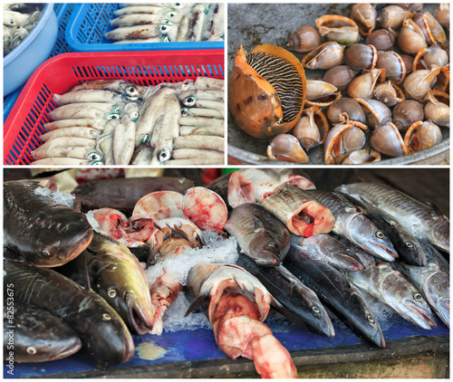 Traditional asian fish market collage photo