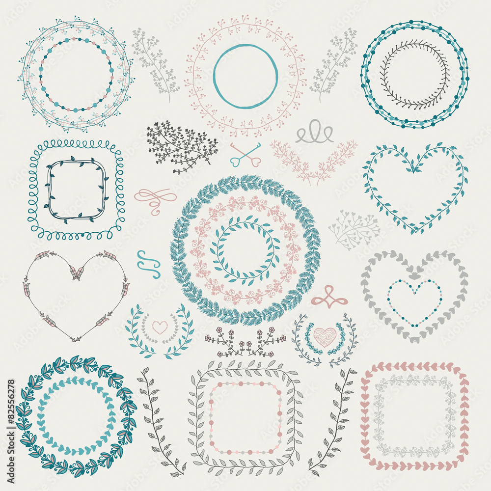 Vector Colorful Hand Drawn Floral Frames, Wreaths
