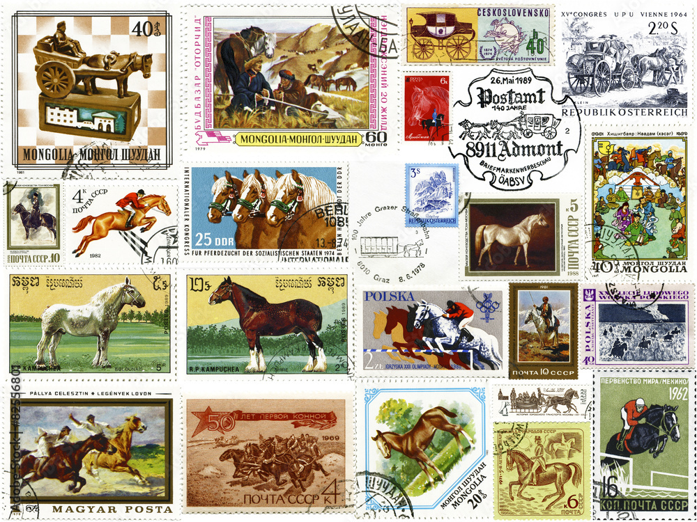 Лошади.Коллаж из почтовых марок и печатей