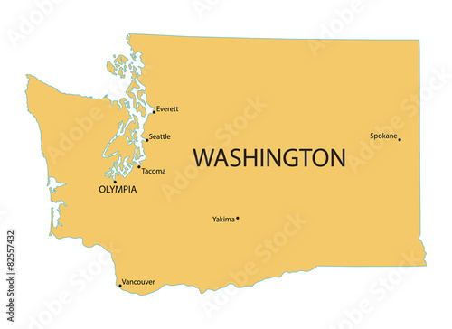 yellow map of Washington with indication of largest cities