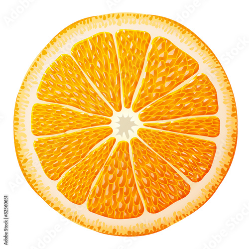 Orange slice close up. Section of orange fruit isolated on white