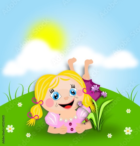 Cartoon girl lay down in grass