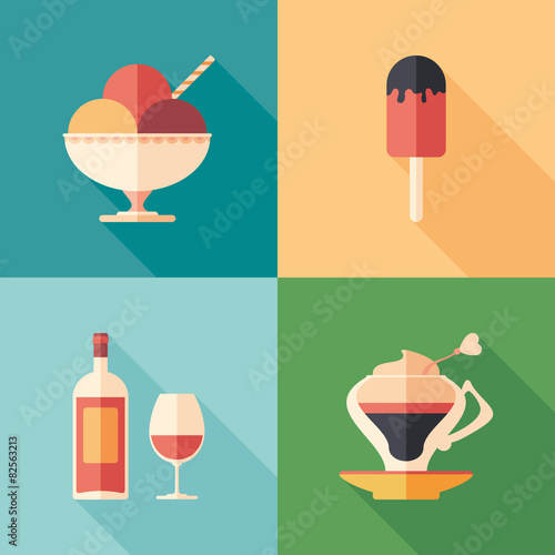 Set of desserts and drinks flat square icons with long shadows.