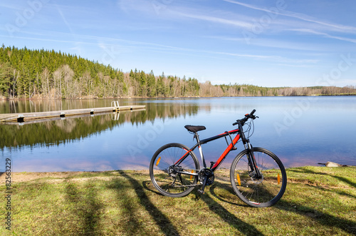 Red bicycle on a lake coast