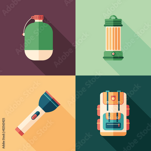 Set of hiking flat square icons with long shadows.