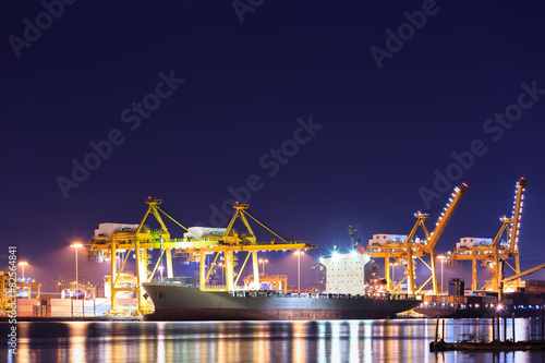Container cargo freight ship at port twilight