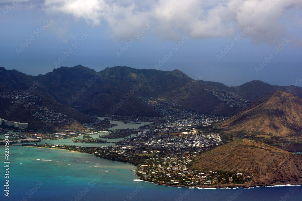 Aerial view of Kuapa Pond, Hawaii Kai Town, Portlock, clouds and
