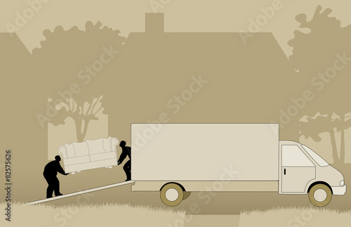 Men Lifting a Couch Into a Moving Van In a Neighborhood.