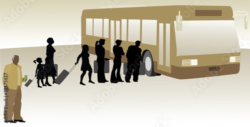 People Bording Bus With Driver In Forground