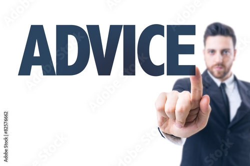Business man pointing the text: Advice