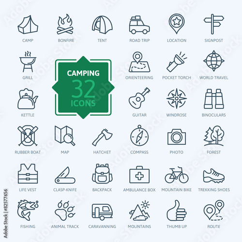 Outline web icon set - summer camping, outdoor, travel.