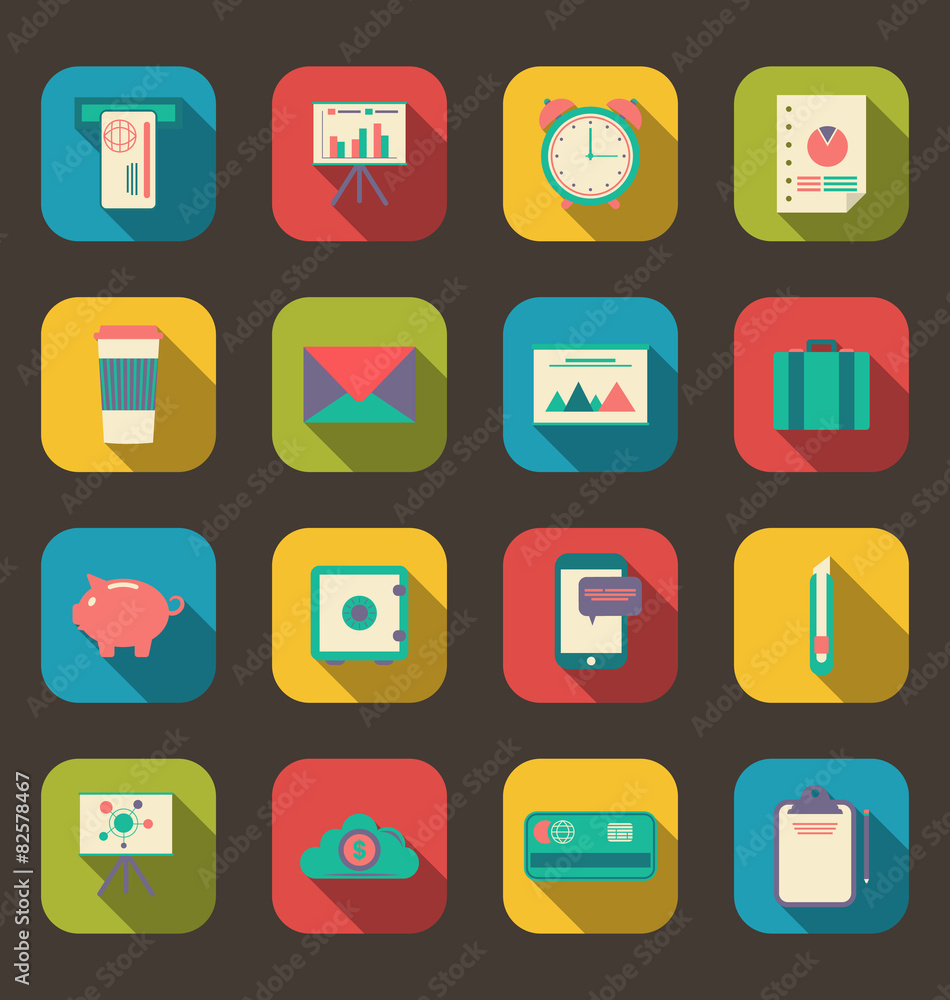 Business and office objects, flat icons with long shadows Business and office objects, flat icons with long shadows