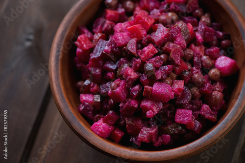 Close-up of russian traditional vinaigrette or beetroot salad
