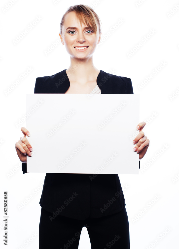 young business woman showing blank signboard young business woman showing blank signboard