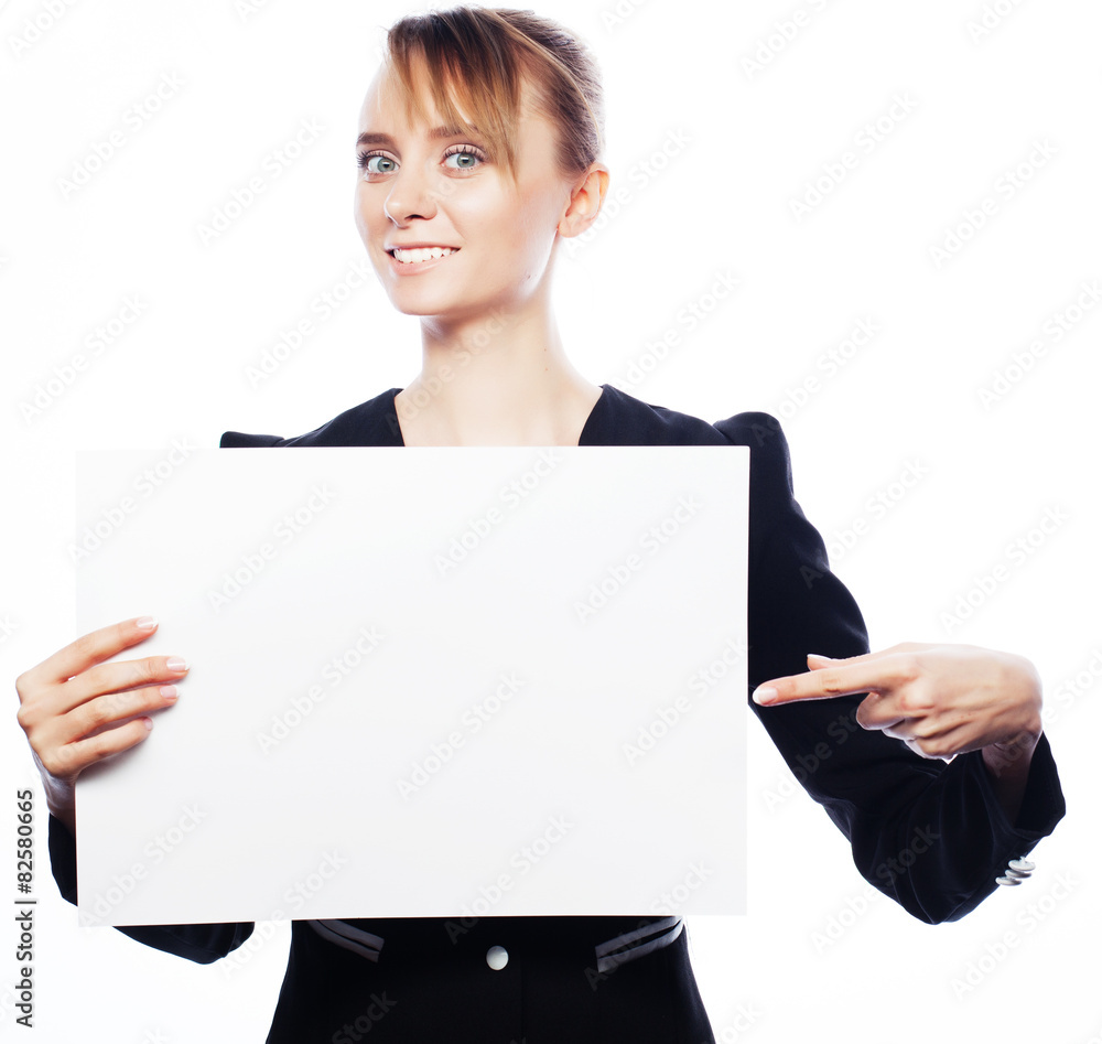 young business woman showing blank signboard young business woman showing blank signboard
