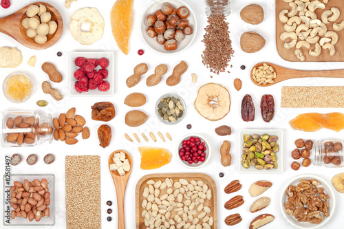 nuts and dried fruits on white background