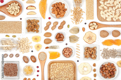 nuts and dried fruits on white background