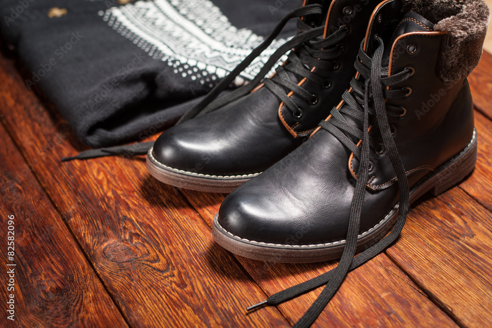 Warm men's leather boots and sweater Warm men's leather boots and sweater