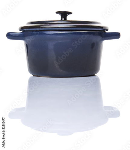 Mini blue empty cocotte single pot over white background
