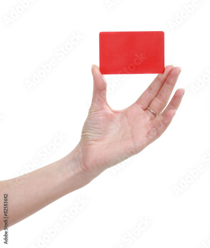 Hand and red card isolated on white