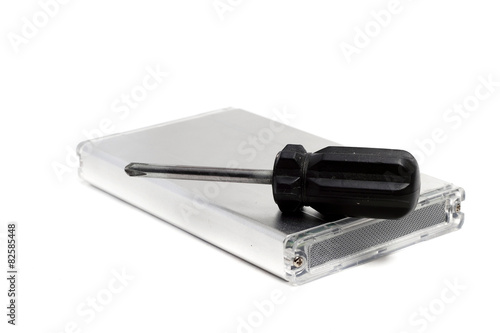 screwdriver and an external hard drive