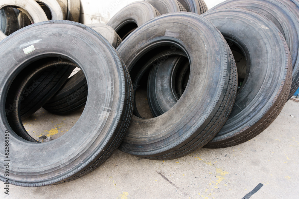 Tires stacked on cement ground, used tires Tires stacked on cement ground, used tires