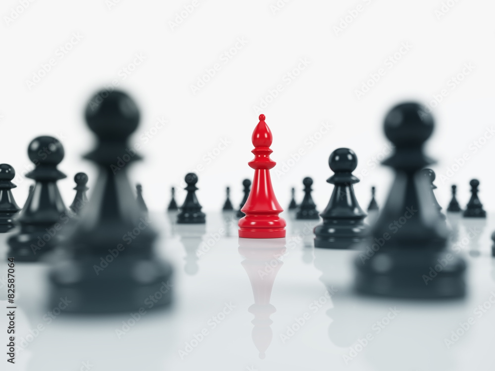 red bishop and black pawns over the white background red bishop and black pawns over the white background