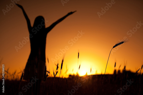 Silhouette of woman in sunset  focus on wheat in foreground