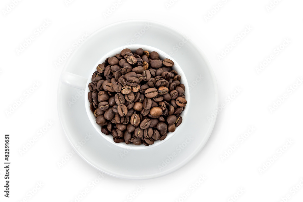 White coffee cup with saucer, and coffee-beans White coffee cup with saucer, and coffee-beans