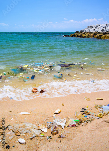 Картината върху платно Pollution on the beach of tropical sea.