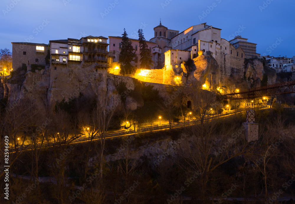 Hanging Houses of Cuenca in evening