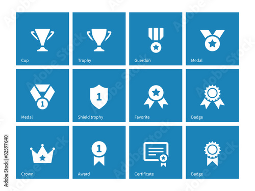 Awards icons on blue background.