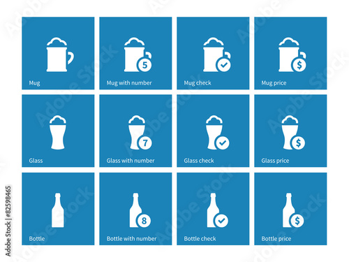Bottle and glass of beer icons on blue background.