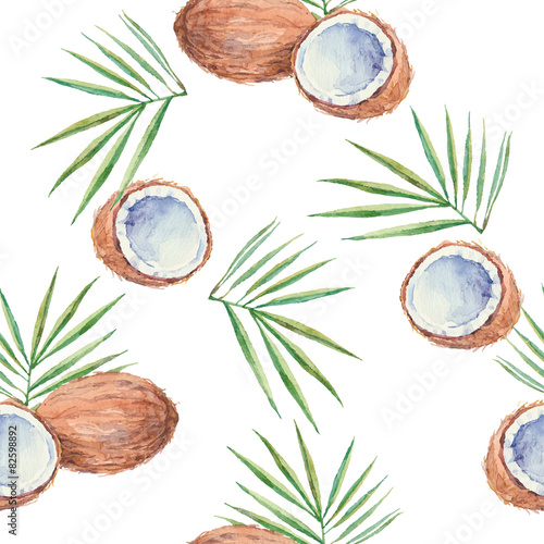 Seamless pattern with  coconuts, painted in watercolor.