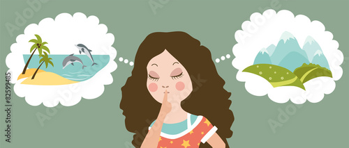 Girl thinks where to travel, mountains or sea