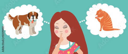 Girl thinking whom to choose. Cat or dog