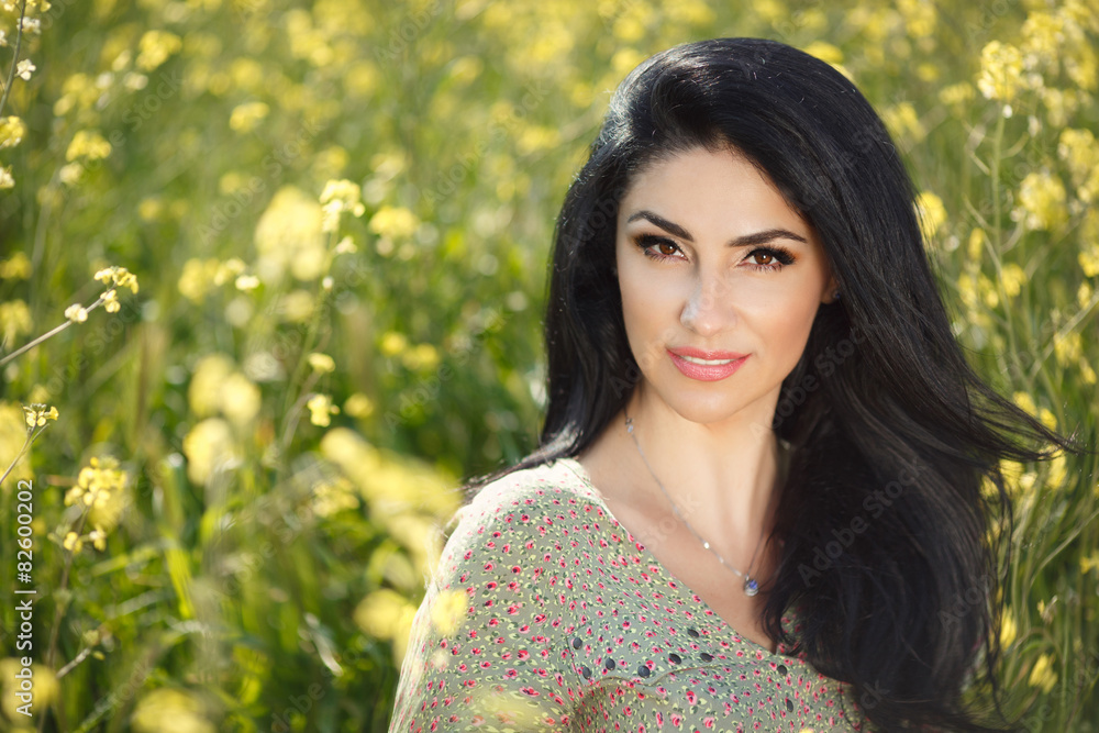Happy woman outdoor portrait girl summer flowers Happy woman outdoor portrait girl summer flowers
